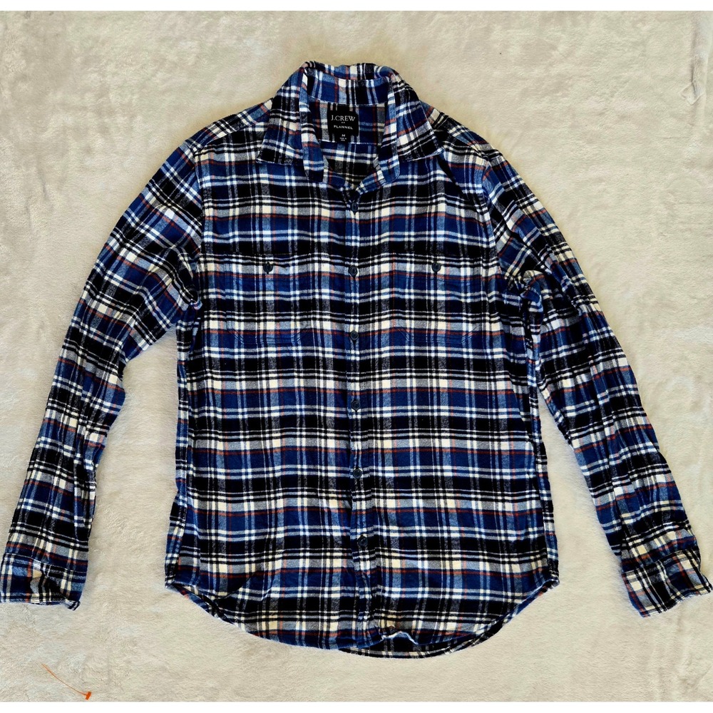 J.Crew Mens Flannel Plaid Button Down Shirt Blue‎ Orange White Size M